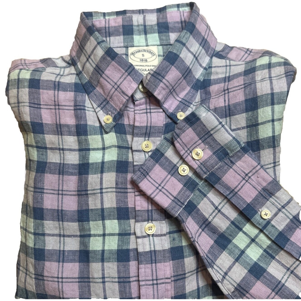 NWT Brooks Brothers Purple 1818 Regular Plaid 100% Linen Button Down Shirt